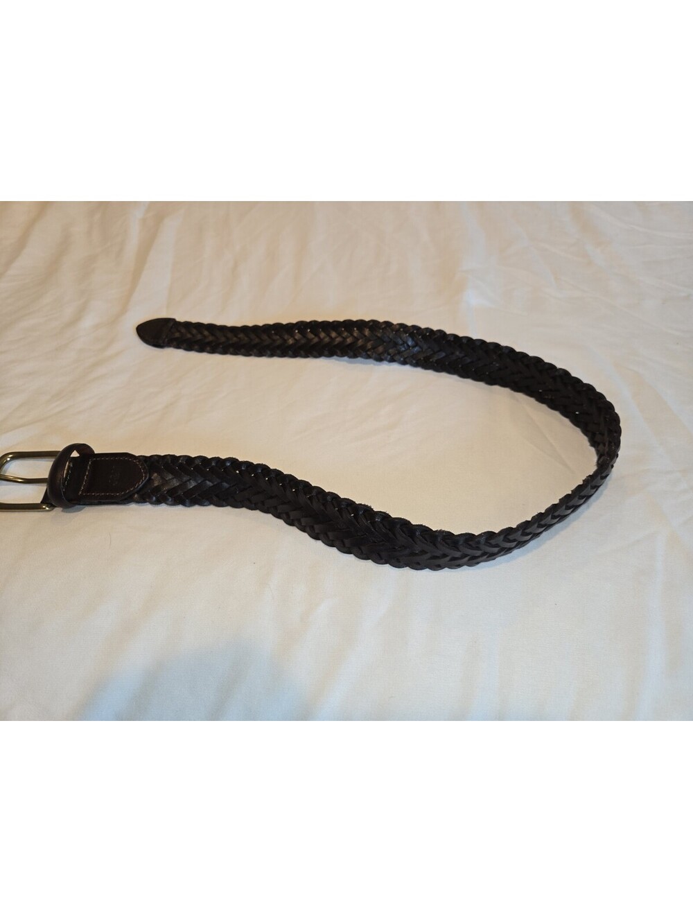 J&M Black Woven Leather Belt Features A Brass Buckle, Width 1 1/8", Tip To...